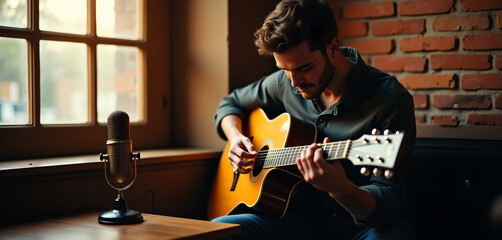 Musician Playing Guitar in Cafe: Live Performance