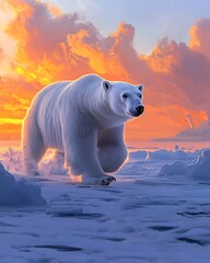 Majestic Polar Bear Stands on Icy Arctic Landscape at Dramatic Sunset