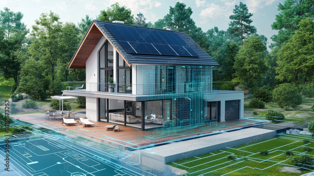 Poster smart homes use 3d models and connected devices to control safety and automation. this technology le