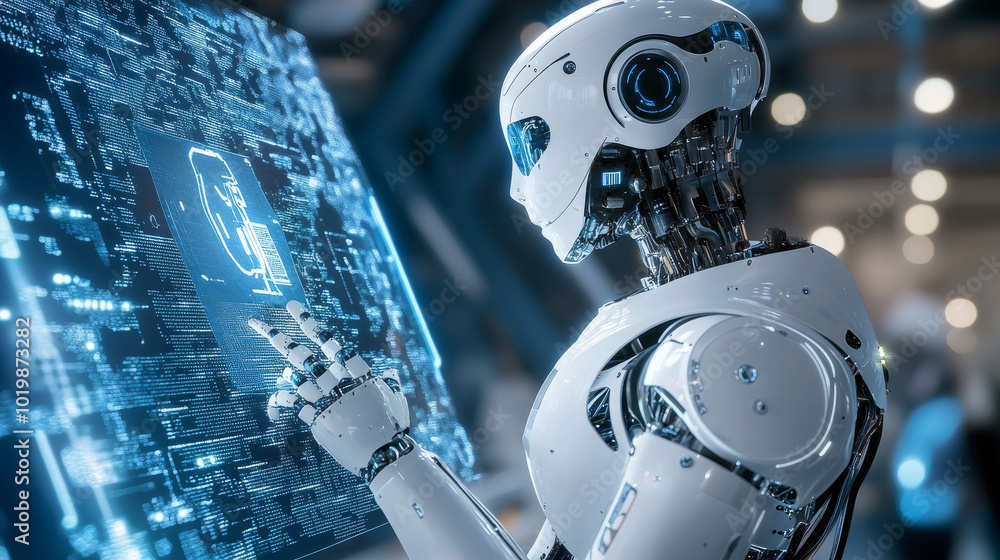 Poster a robot with artificial intelligence stands facing away from us, working with a 3d virtual screen. i