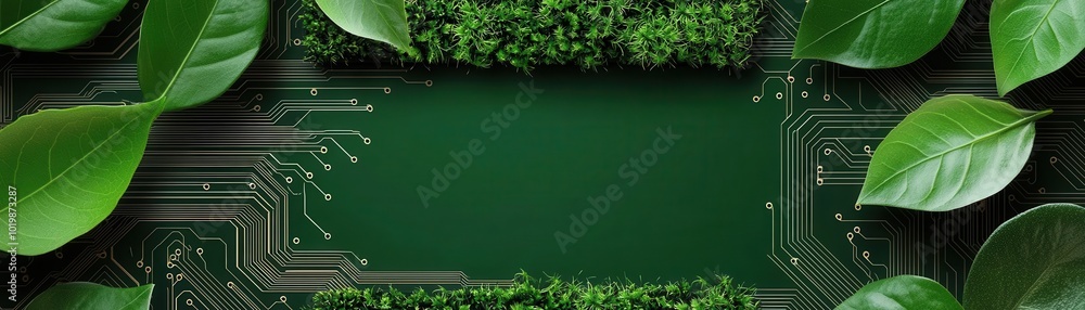 Poster circuit board design integrating moss and green elements, highlighting nature-inspired technology, c