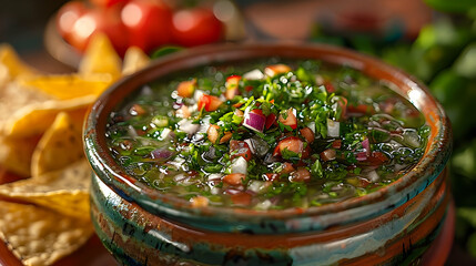 Closeup of Fresh Salsa with Red and Green Peppers, Onions, and Herbs in a Bowl - Realistic Image