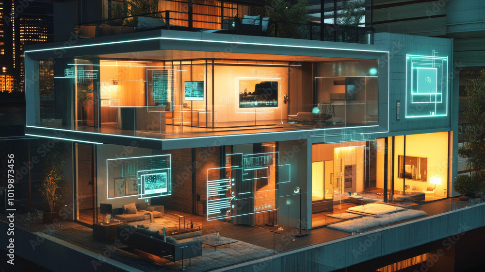 Poster smart homes use 3d models and connected devices to control safety and automation. this technology le