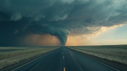 A distant tornado forming on the horizon of an empty highway under a stormy sky.