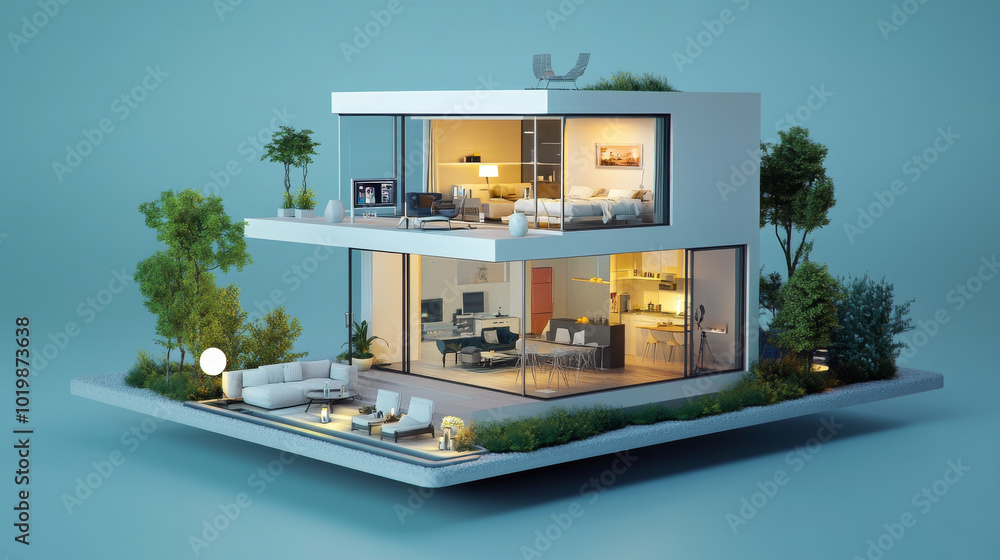 Poster smart homes use 3d models and connected devices to control safety and automation. this technology le