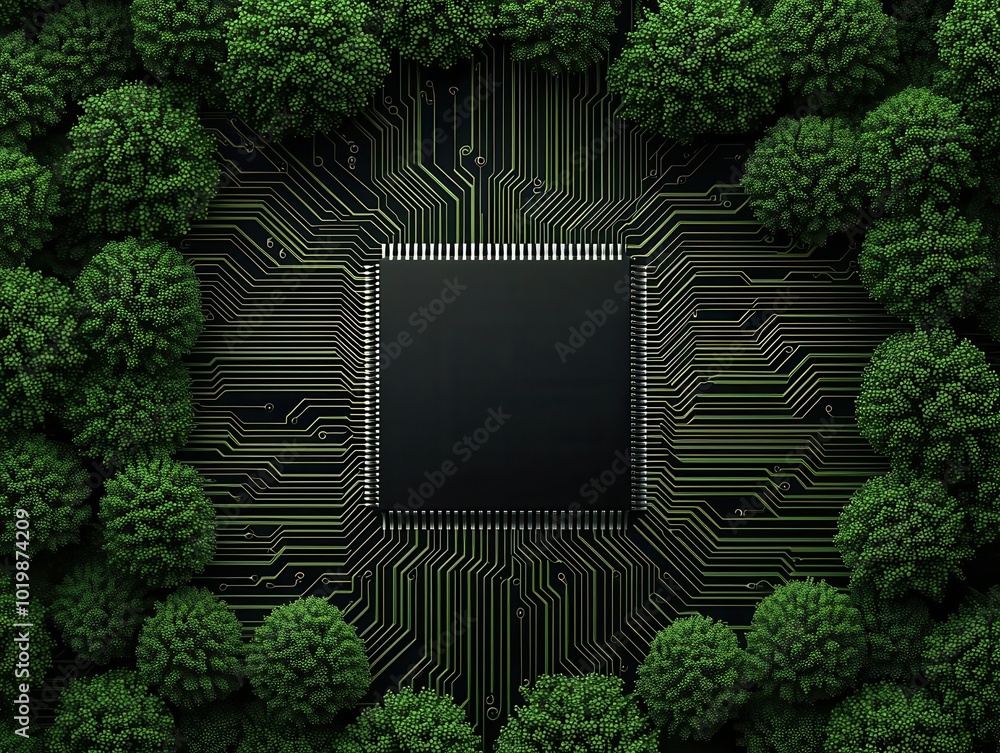 Aufkleber sustainable circuit board with tree canopy, integrating tree branches as circuit lines, circuit boar