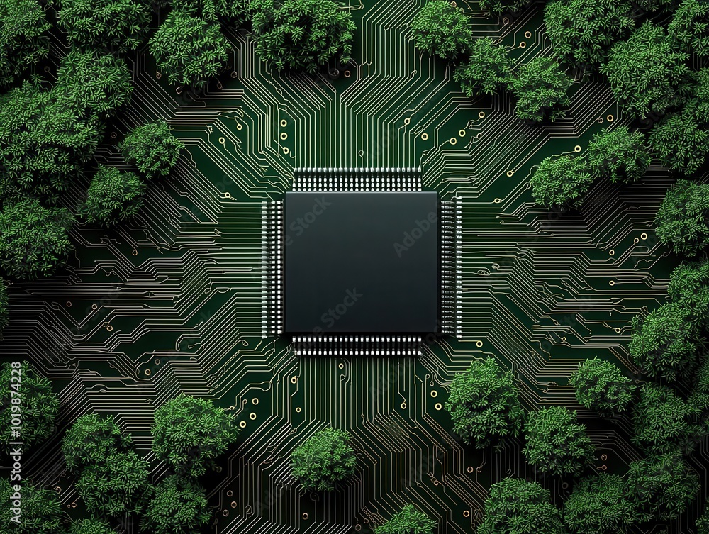 Aufkleber sustainable circuit board with tree canopy, integrating tree branches as circuit lines, circuit boar