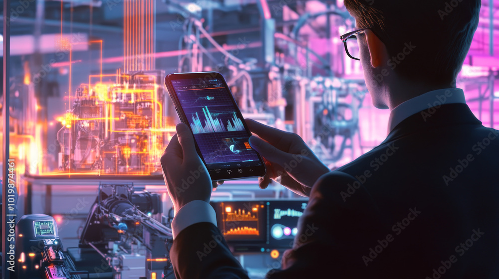 Poster a businessman uses his smartphone to control a smart factory. the phone app shows graphs and numbers