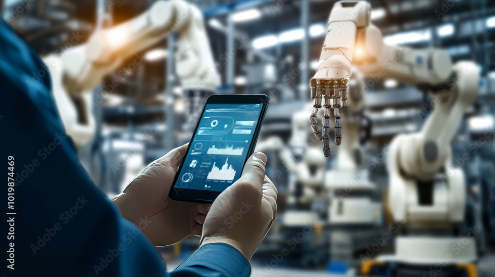 Poster a businessman uses his smartphone to control a smart factory. the phone app shows graphs and numbers