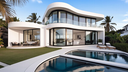 Modern Luxury Beach House with Contemporary Architecture, Glass Windows, and Tropical Surroundings