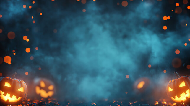 Spooky Halloween background with glowing jack-o-lanterns and swirling mist.