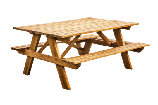 Wooden picnic table, perfect for outdoor gatherings, white isolate background.