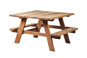 Wooden picnic table on a white isolated background, perfect for outdoor dining and leisure activities.