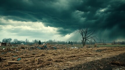 A field completely flattened by a tornado, with trees, crops, and buildings in ruins under a dark, stormy sky.