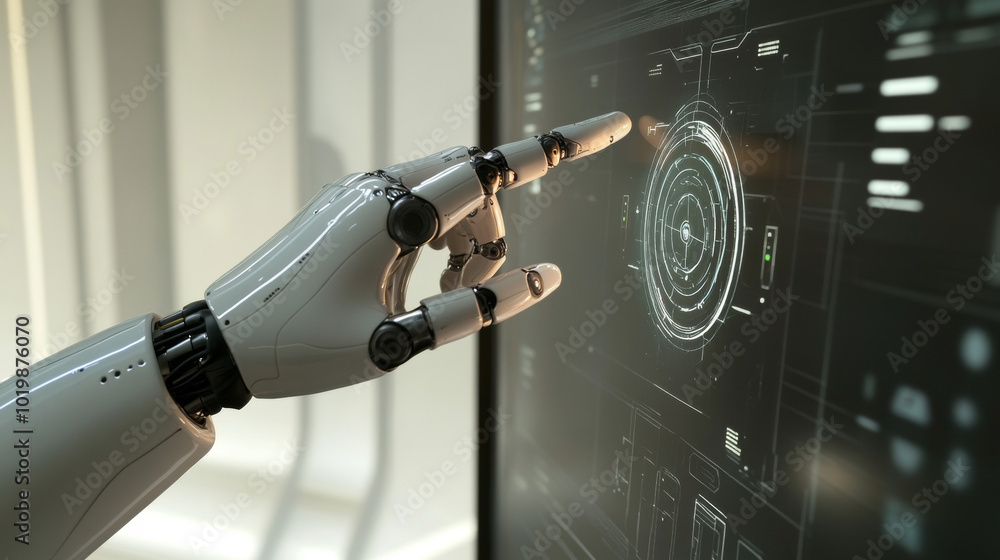 Poster a robot arm with a finger presses a button on a virtual screen. this shows a futuristic idea of how 