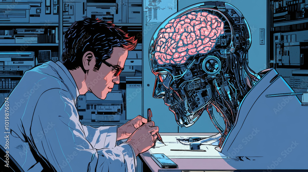 Poster a scientist is working on a robot, giving it a brain and programming it to think and act like a huma