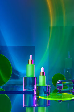 Colorful Cosmetic Bottles on Abstract Background