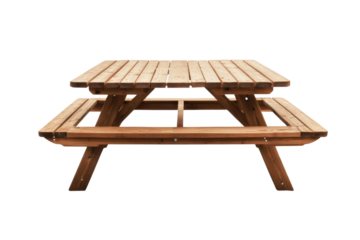 Wooden picnic table on a white isolated background, perfect for outdoor dining and gatherings.