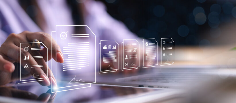 Electronic signature concept, Online business contract Electronic signature, e-signing, digital document management.