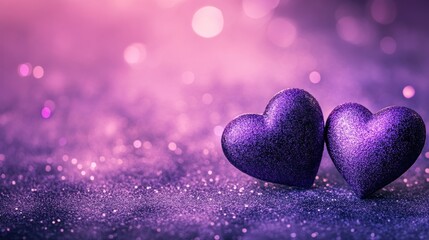 Fototapeta premium Glimmering Purple Hearts on Sparkling Background