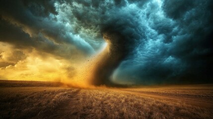 A funnel cloud forming under heavy storm clouds, with the wind kicking up dust in a dry field.