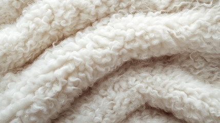 soft white wool fragment, showcasing intricate textures. The pure white color symbolizes purity and comfort, inviting warmth and softness, perfect for textile and cozy imagery