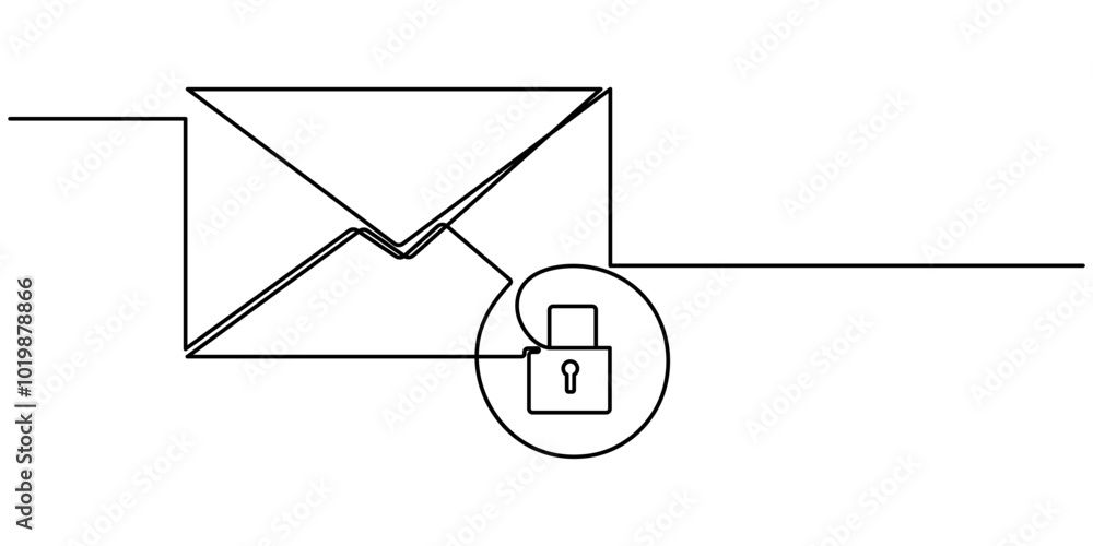 Poster email protection. email security one continuous line drawing, secure mail line icon, outline vector 