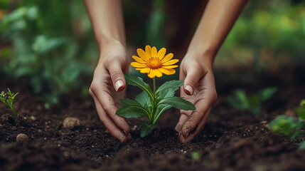 hands gently planting a vibrant yellow flower into the soil, symbolizing growth, renewal, and the nurturing spirit of nature. The soft earth cradles the delicate roots, promoting life