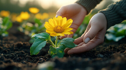 hands gently planting a vibrant yellow flower into the soil, symbolizing growth, renewal, and the nurturing spirit of nature. The soft earth cradles the delicate roots, promoting life