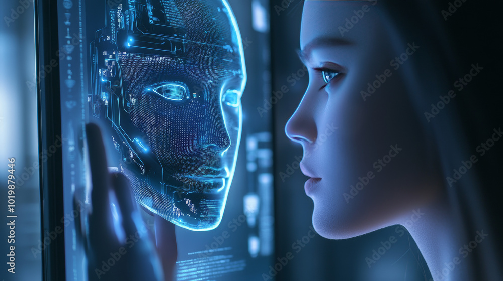 Poster an ai chatbot, represented by a robot head, appears on a phone screen. the chatbot interacts with a 