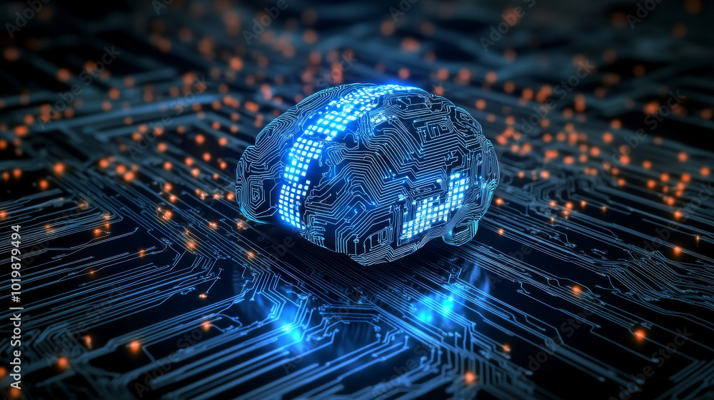 Poster AI is a powerful tool. It can analyze data, solve problems, and even connect to our brains.  This image shows AI thinking, using its digital mind to understand and solve business challenges.