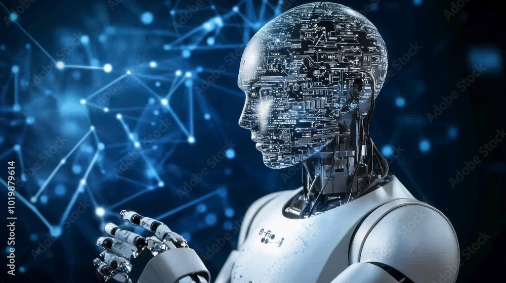 Poster AI is a powerful tool. It can analyze data, solve problems, and even connect to our brains.  This image shows AI thinking, using its digital mind to understand and solve business challenges.