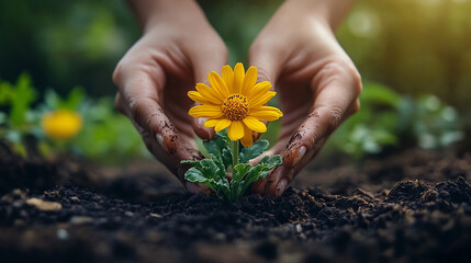 hands gently planting a vibrant yellow flower into the soil, symbolizing growth, renewal, and the nurturing spirit of nature. The soft earth cradles the delicate roots, promoting life