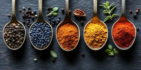colorful spices, each held in a different spoon, arranged on a sleek black stone background.