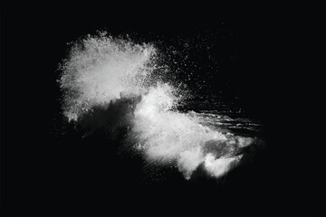 Breaking ocean wave isolated on dark background. Water splashes. Black and white illustration	
