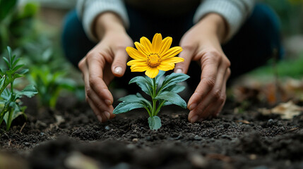 hands gently planting a vibrant yellow flower into the soil, symbolizing growth, renewal, and the nurturing spirit of nature. The soft earth cradles the delicate roots, promoting life