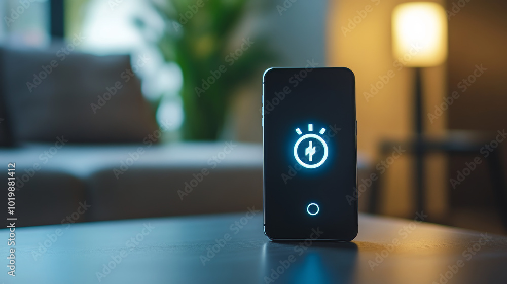 Poster a smartphone screen shows a power button, representing a smart home system. this system lets you con