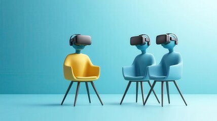 Employment interview, virtual reality headset and digital avatars, 3D illustration
