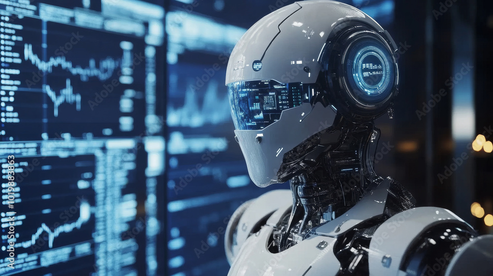 Poster robots can now trade stocks using artificial intelligence. they analyze market charts and financial 