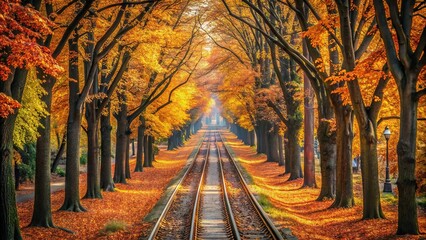 Autumn tree-lined alley with tram tracks from high angle