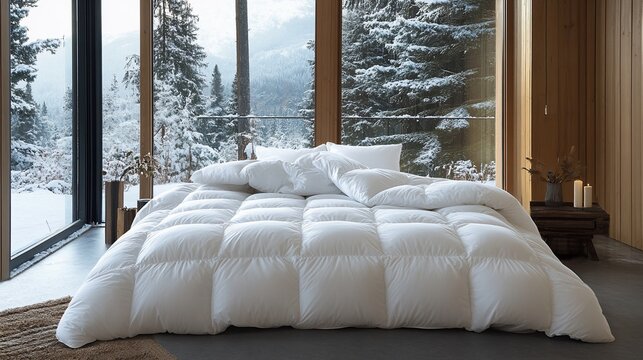 White down comforter on a bed in a modern bedroom with large windows overlooking a snowy forest.
