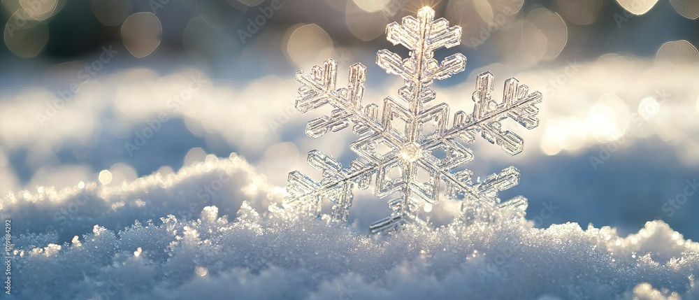 Poster close-up of a delicate snowflake resting on pristine snow in a winter wonderland