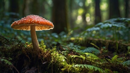 "Mushroom and Insect in Sunlit Forest: Intricate Nature Photography"