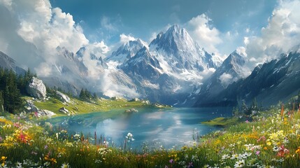 Fototapeta premium Breathtaking Alpine Landscape with Snowy Peaks Glacial Lake and Vibrant Wildflowers