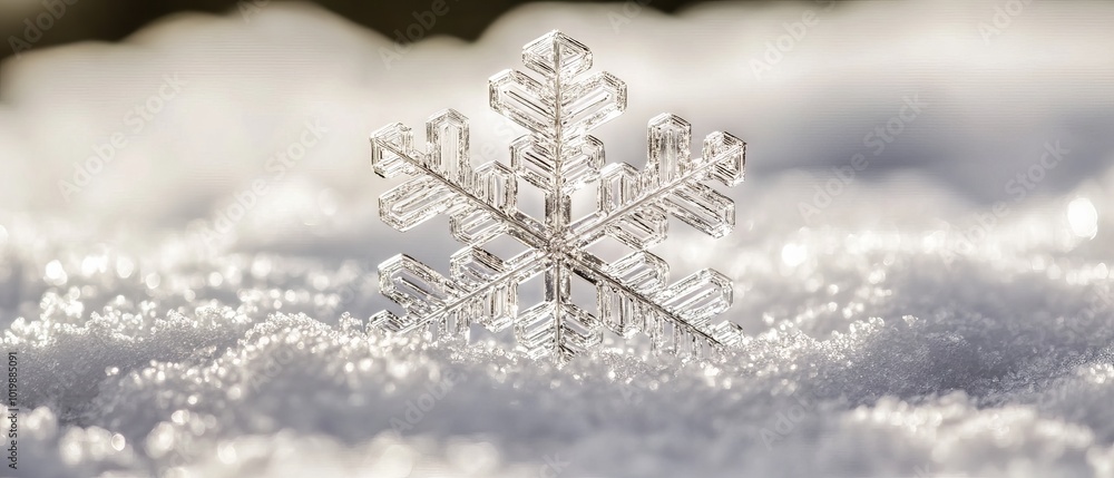 Poster close-up of a delicate snowflake resting on pristine snow in a winter wonderland