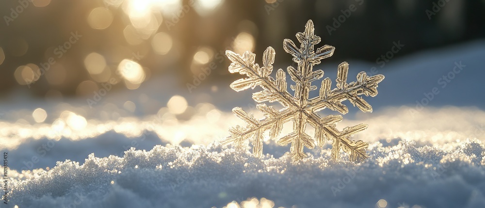 Poster close-up of a delicate snowflake resting on pristine snow in a winter wonderland