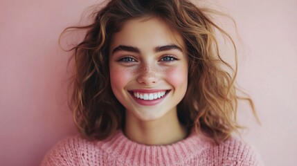 Naklejka premium A woman with brown hair and a pink sweater is smiling