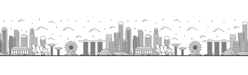 Seamless pattern with outline Singapore City Skyline with Modern Buildings Isolated on White. Singapore Cityscape with Landmarks.