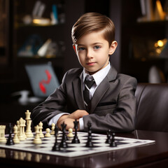 Child dressed in a business suit, with a serious expression focuses on the chessboard, strategic planning concept