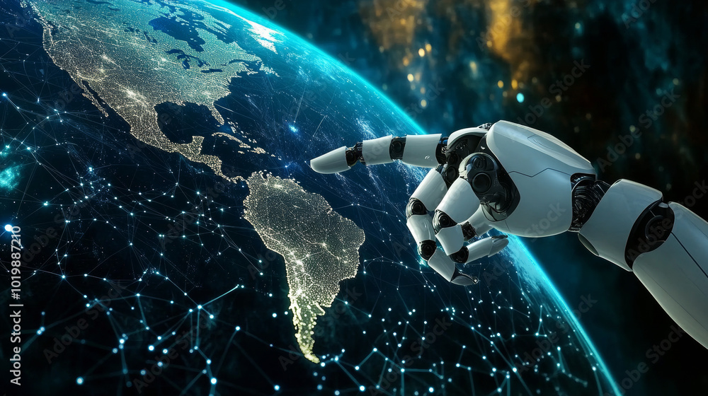 Poster ai is changing how we communicate globally. an ai system controls a vast network, connecting the wor